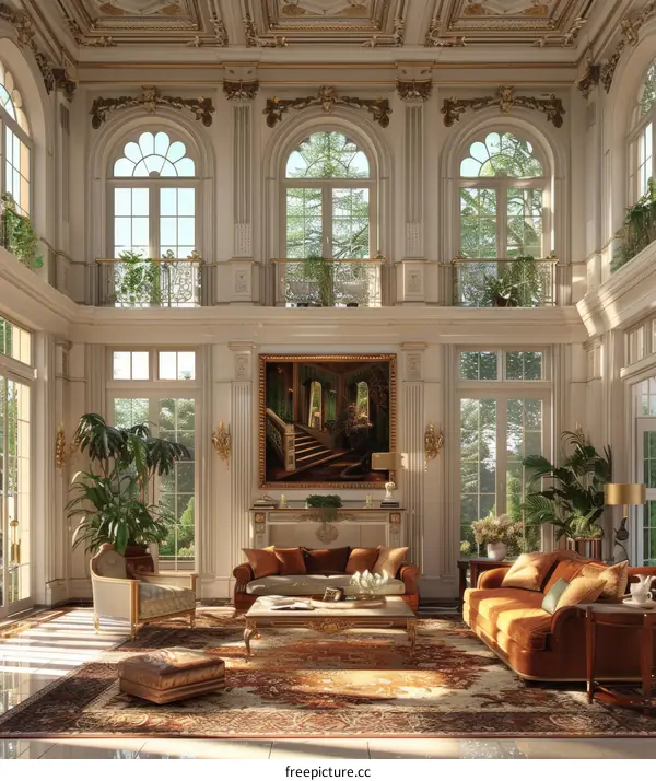 European style living room with two orange sofas and a coffee table