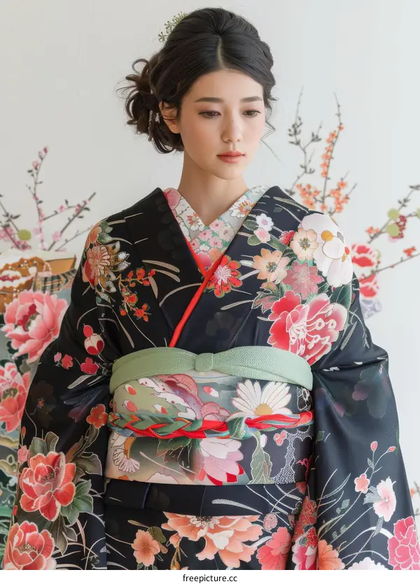 A woman wearing a kimono with a floral pattern