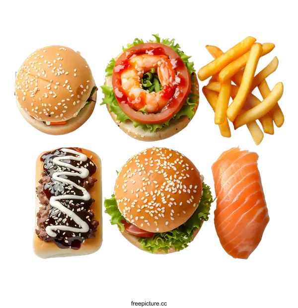 [Transparent Background PNG]Delicious mini burgers and salmon sushi with french fries on a white background