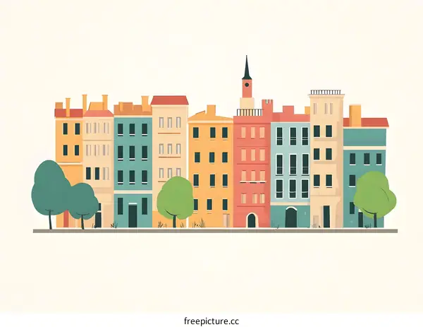 Colorful Buildings Row with Trees