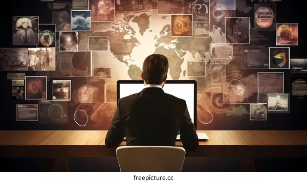 Businessman sitting back to the camera using laptop with many screens around him