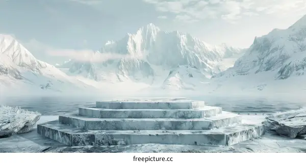 A Crystalline Landscape with Frozen Mountain Peaks and an Icy Podium