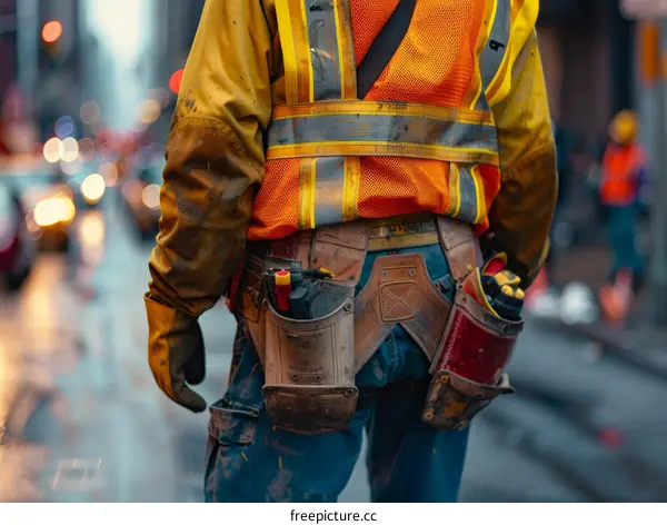 Construction worker wearing a safety vest and tool belt