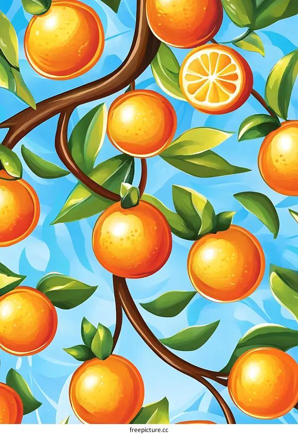 Orange Tree Branch Illustration With Green Leaves And Blue Sky Background