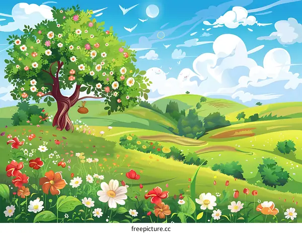 Springtime Landscape With Blooming Flowers And Hills