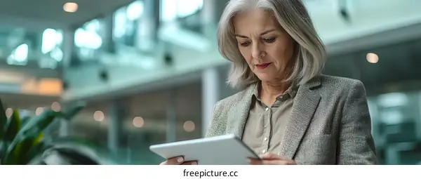 Woman in a Blazer Uses a Tablet in an Office Setting