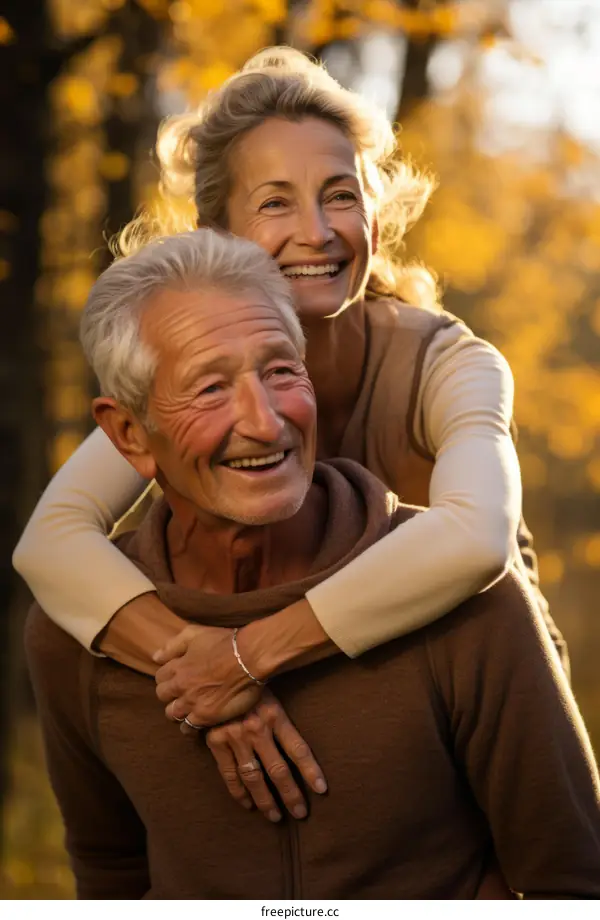 Happy elderly couple piggybacking in the woods