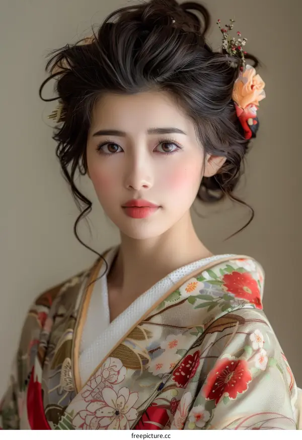 Portrait of a beautiful Japanese woman in traditional kimono