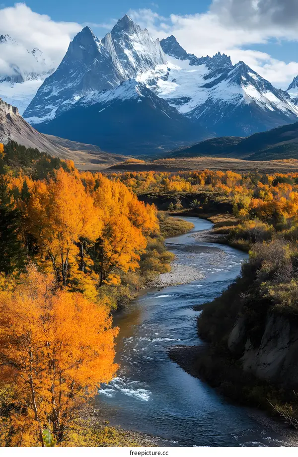Autumn River Landscape with Snow Capped Mountains