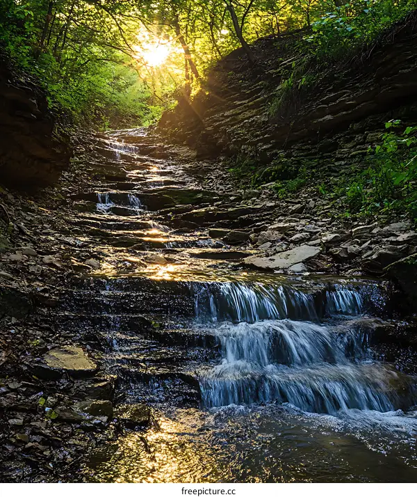Sunlight Shining Through Trees on a Waterfall