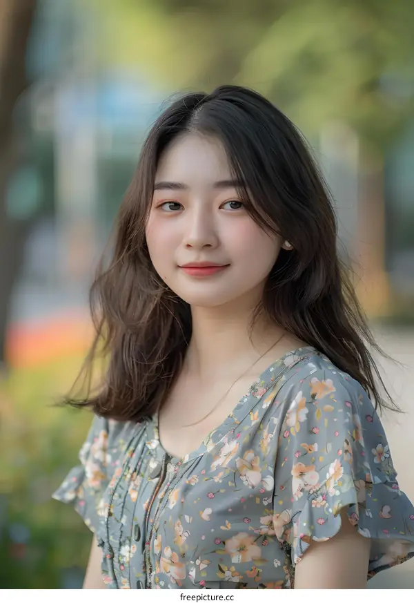 Portrait of a Young Asian Woman with Long Brown Hair Wearing a Floral Dress