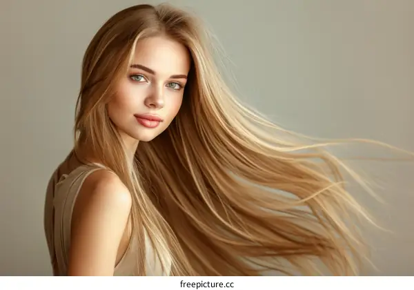 portrait of a beautiful blonde woman with long straight hair
