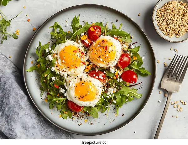 Fried Eggs with Arugula Salad and Cherry Tomatoes