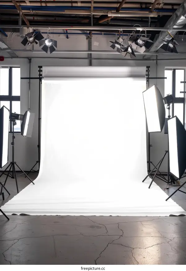 An empty photo studio with white paper backdrop and lighting equipment