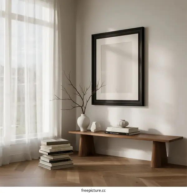 Modern living room with wooden bench and framed picture