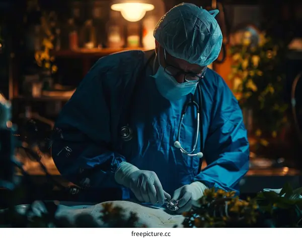 Surgeon performing surgery in a dimly lit room