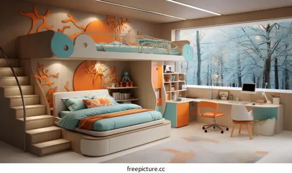 A bedroom with a bunk bed, a desk, and a large window