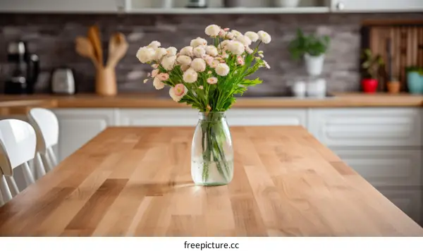White and pink flowers in a bouquet on a wooden table in a modern kitchen