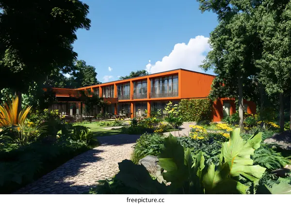Modern Orange Building With Lush Green Landscape