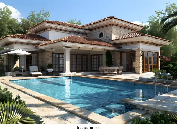 A luxurious villa with a pool and a beautiful garden