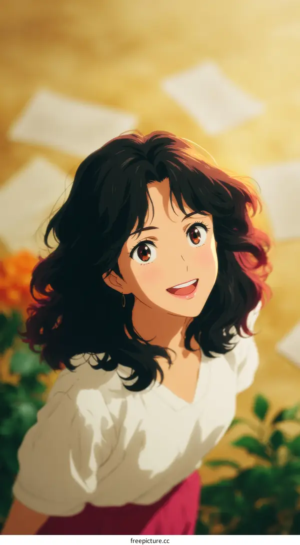 Smiling Anime Girl in a Cozy Setting