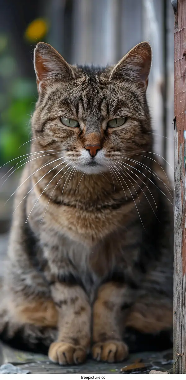 A ginger cat is sitting on the wooden floor and looking at the camera