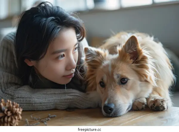 A young woman is lying on the floor with her dog.