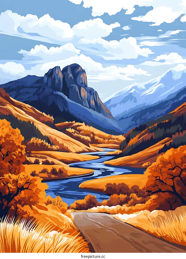 Autumn Mountain Landscape with Winding River and Road