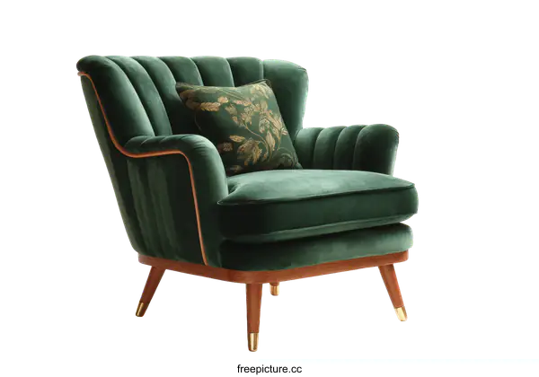 [Transparent Background PNG]Dark Green Velvet Armchair with Decorative Pillow