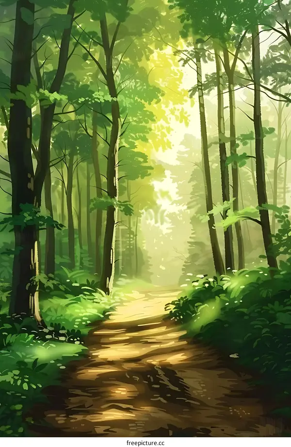 Forest Path With Green Trees And Sunlight