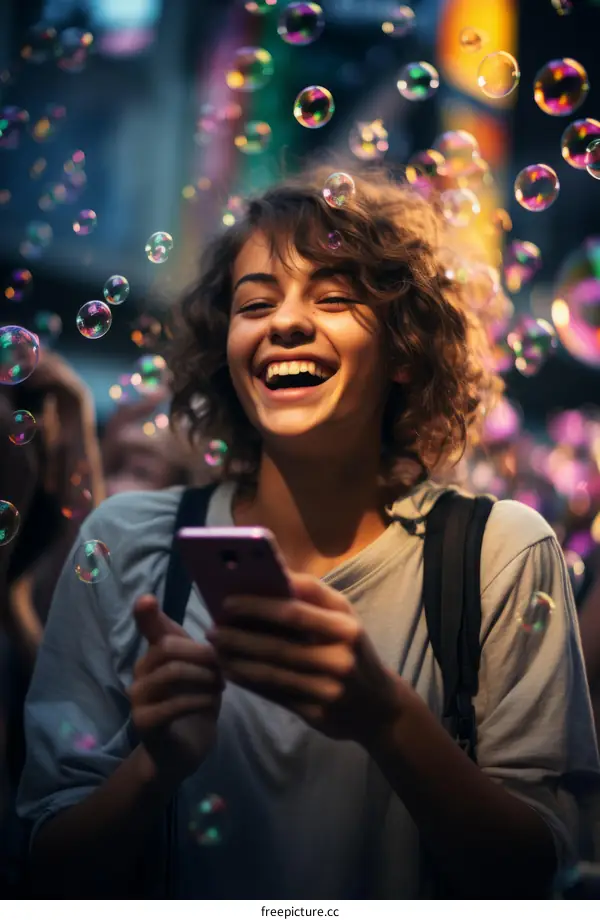 Laughing woman holding a phone with bubbles floating around her