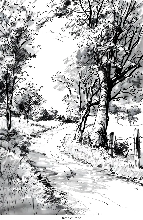 Black and White Sketch of a Winding Country Road Through Trees