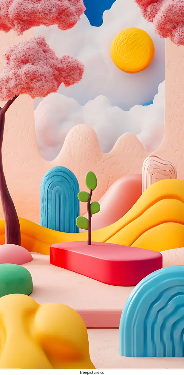 Abstract Colorful 3D Rendered Landscape with Trees and Sun