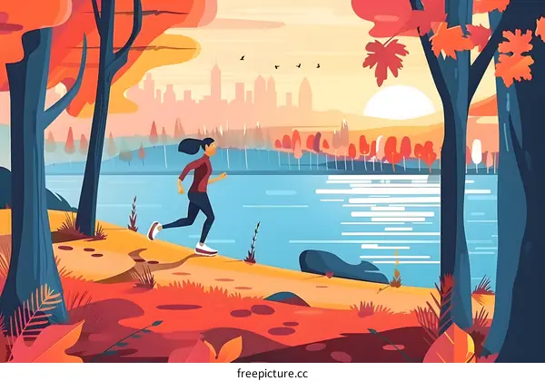 Woman Running by the Lake in Autumn