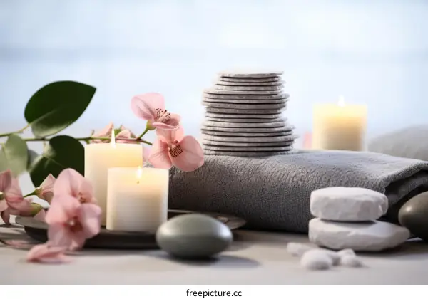 Spa composition with orchid flowers and aroma candles