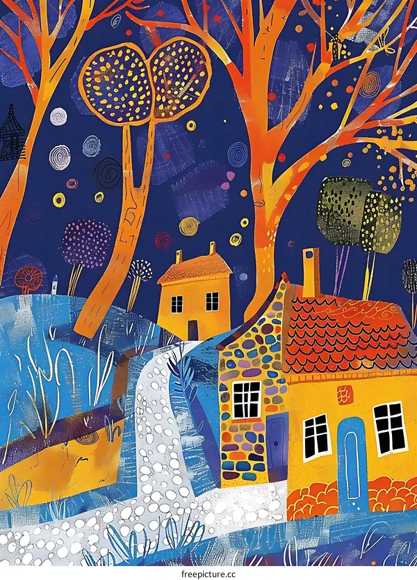 Colorful Illustration of a Nighttime Village with Two Houses and Trees