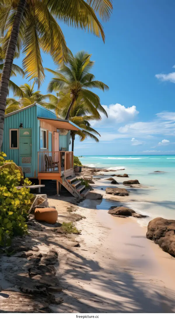 Beach hut on a tropical island with palm trees and white sand