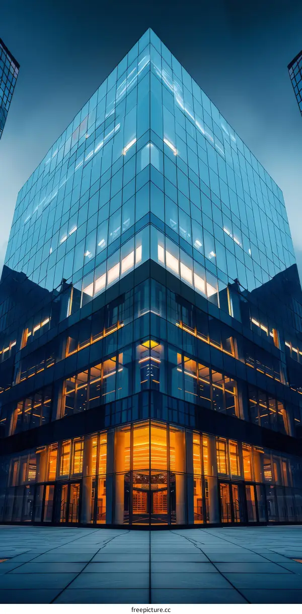 Modern Glass Skyscraper with Yellow Lights at Night