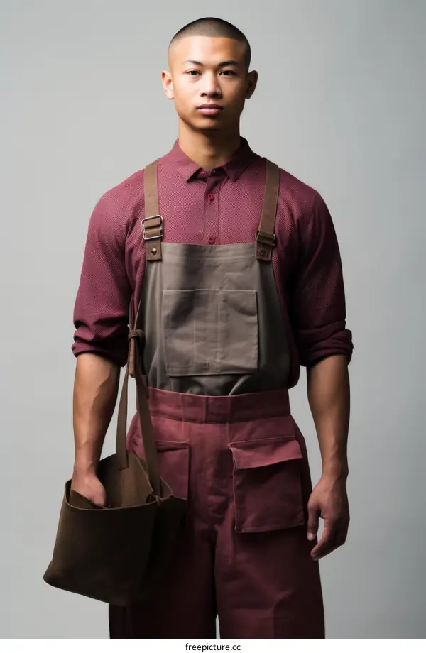Asian man wearing a red shirt and brown apron