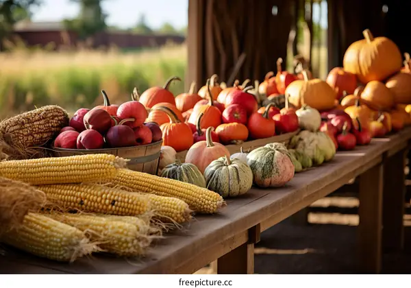 A wooden table full of pumpkins, corn, and apples.