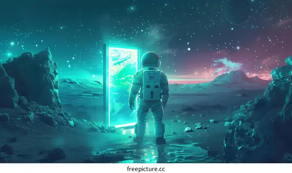 Astronaut on alien planet looking through portal to Earth