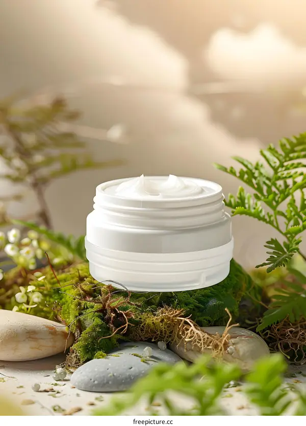Natural Beauty Cream Jar On Mossy Rocks