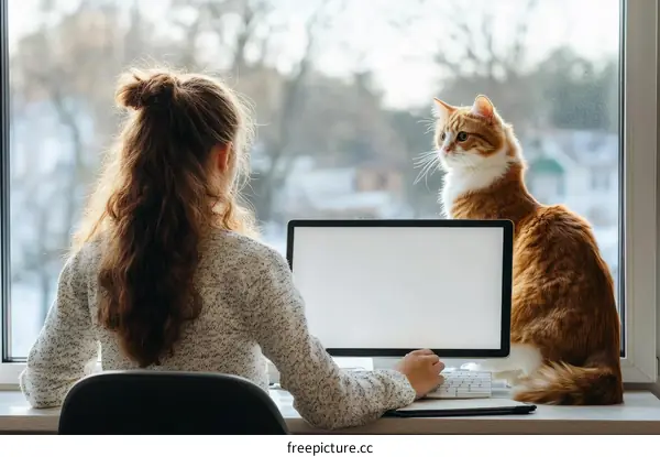 Woman Working From Home With Cat