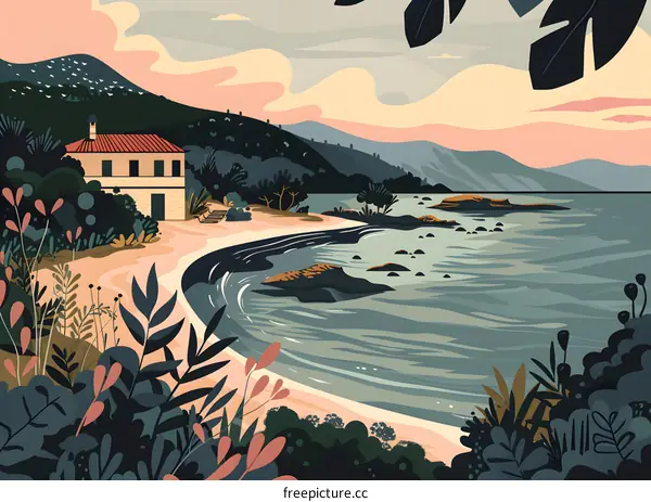 Coastal House Illustration with Mountain Background