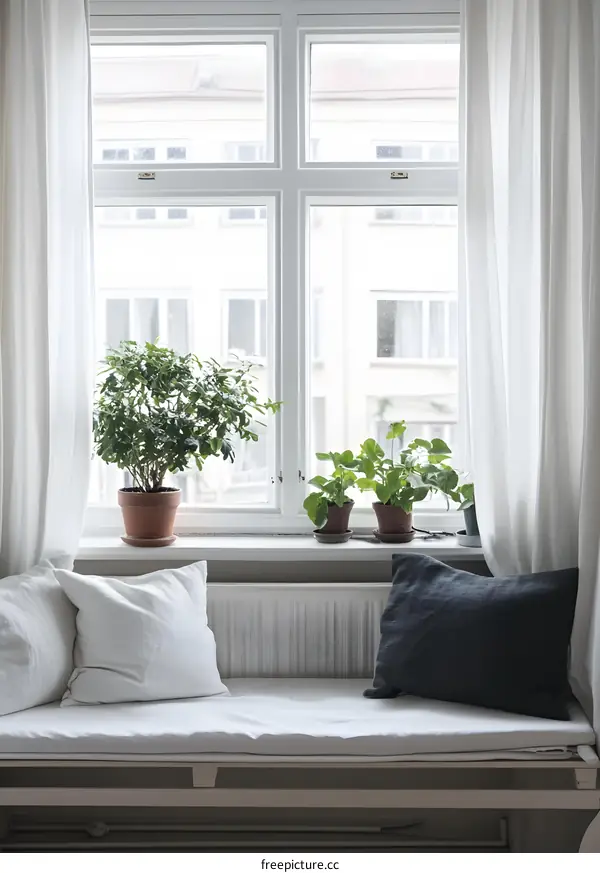 White Window Bench with Plants and Pillows