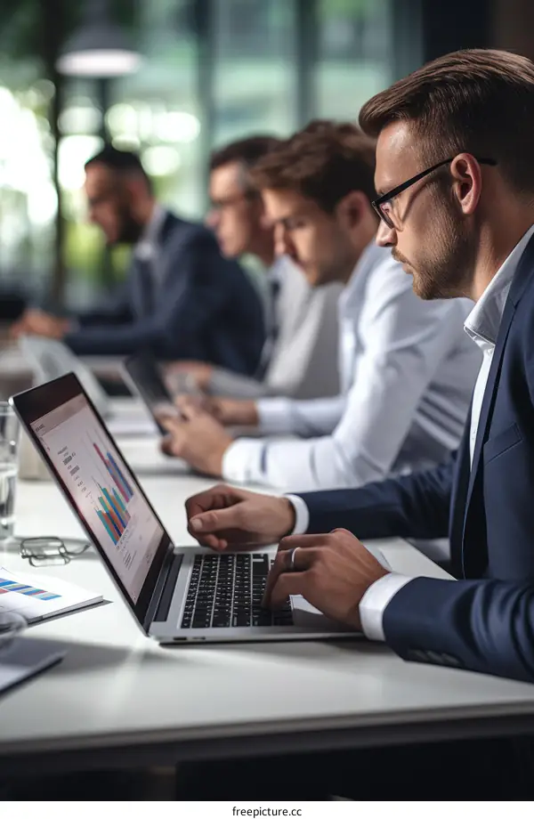 Businessmen in suits working on laptop and documents in the office