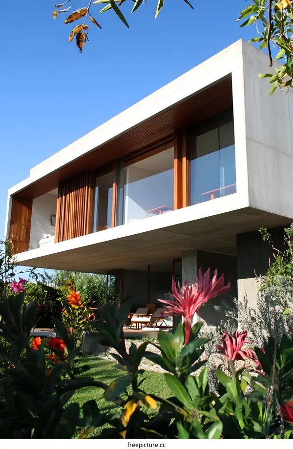 Modern Concrete House with Large Windows and Lush Green Garden