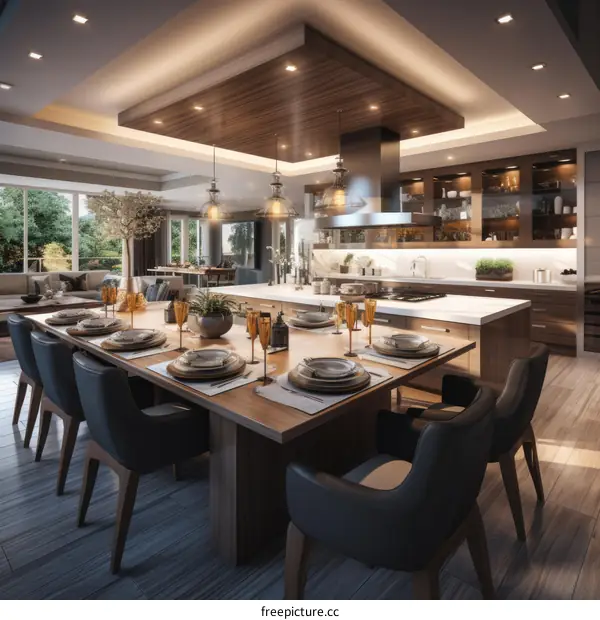 An illustration of a modern dining room with a large wooden table and black chairs