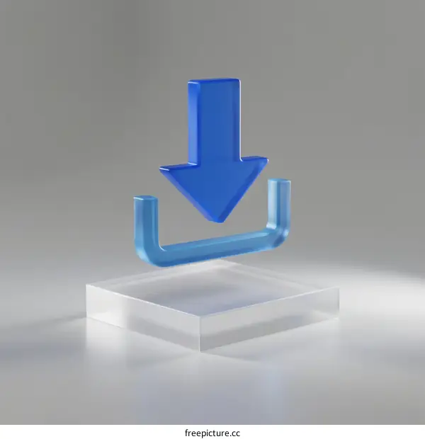 3D Glass Download Icon on Clear Base with Gray Background