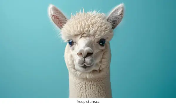 fluffy white llama or alpaca with blue background